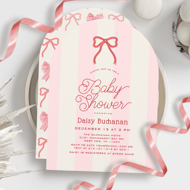 Red Bow & Pink Stripes Girl Baby Shower Invitation (Creator Uploaded)