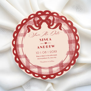 Red bow plaid wedding save the date