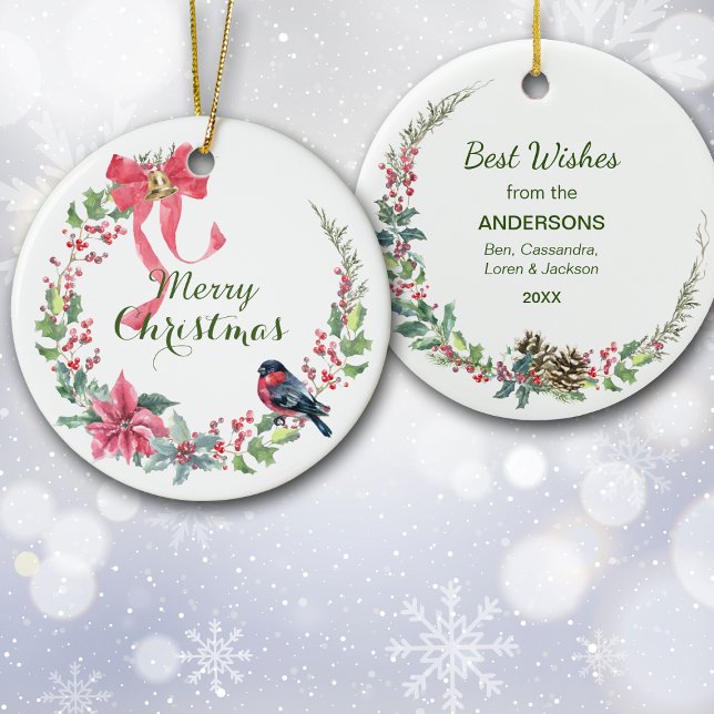 Red Bow Poinsettia Bird Holiday Wreath Ceramic Ornament (Creator Uploaded)