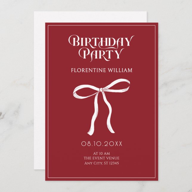 Red bow ribbon birthday invitation (Front/Back)