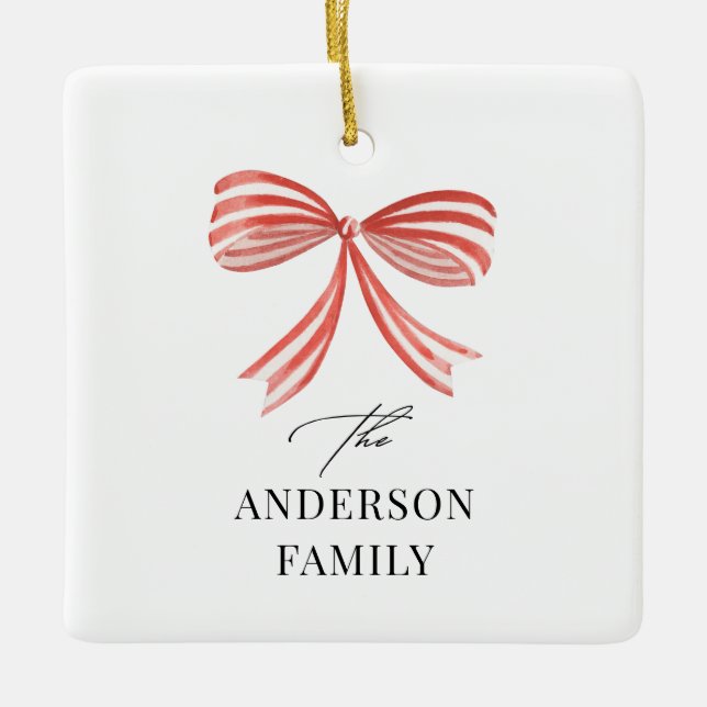 Red bow ribbon Script Family holiday photo Ceramic Ornament (Front)