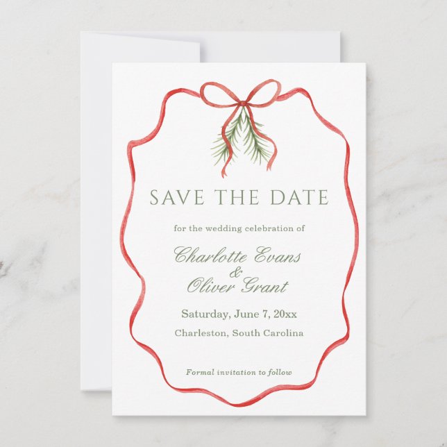 Red Bow Ribbon Winter Save The Date (Front)