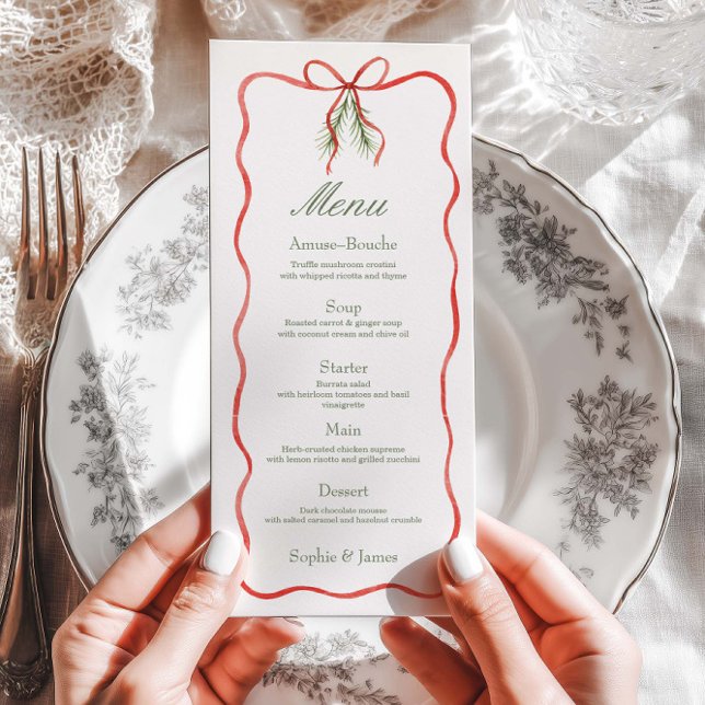 Red Bow Ribbon Winter Wedding Flat Menu (Creator Uploaded)