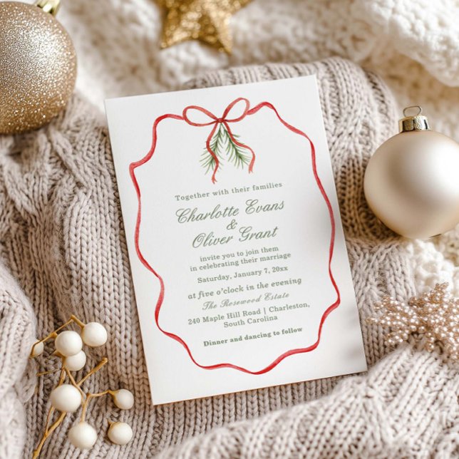 Red Bow Ribbon Winter Wedding  Invitation (Creator Uploaded)