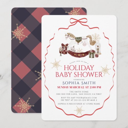 Red Bow Rocking Horse Christmas Baby Shower Invitation