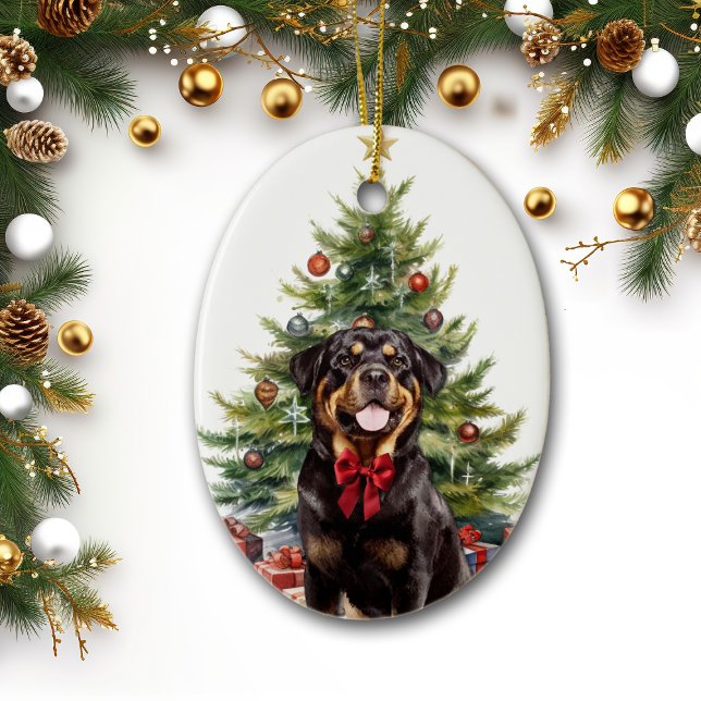 Red Bow Rottweiler Dog Christmas Ceramic Ornament (Creator Uploaded)