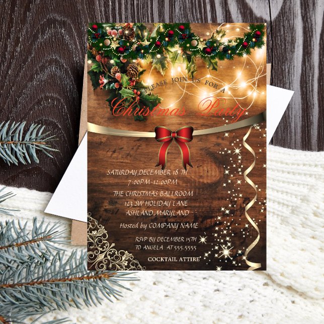 Red Bow,Rustic,Gold Company Christmas Party Invitation (Creator Uploaded)