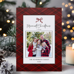 Red Bow Rustic Plaid Family Photo Christmas Letterpress Photo Cards
