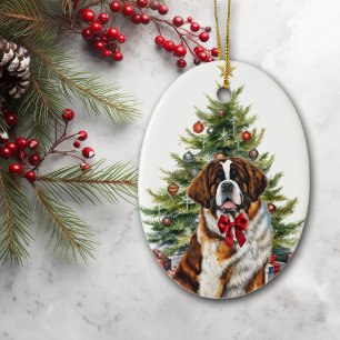 Red Bow Saint Bernard Dog Christmas Ceramic Ornament
