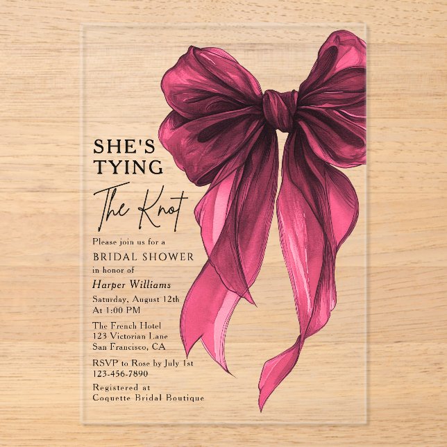 Red Bow She's Tying The Knot Bridal Shower Acrylic Invitations (Front)