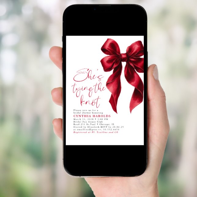 Red Bow She's Tying the Knot Bridal Shower Invitation (Front Digital)