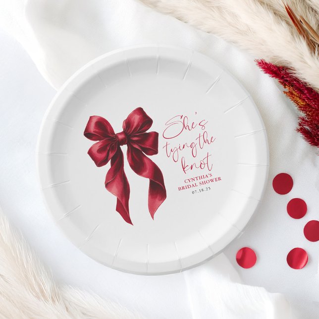 Red Bow She's Tying the Knot Bridal Shower Paper Plates (Red Bow Paper Plates)