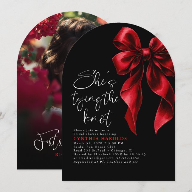 Red Bow She's Tying the Knot Bridal Shower Photo Invitation (Front/Back)