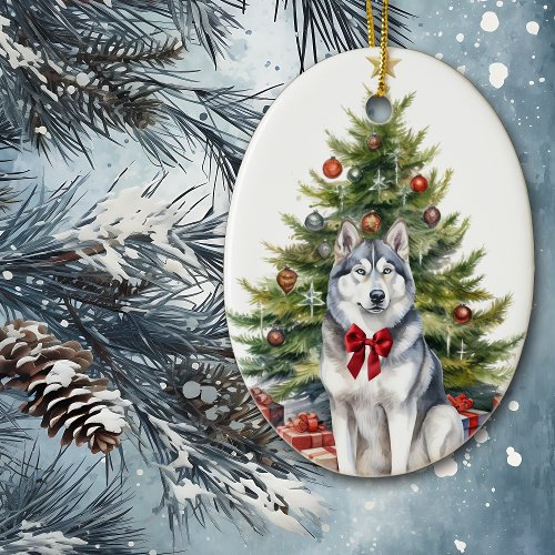 Red Bow Siberian Husky Christmas Ceramic Ornament