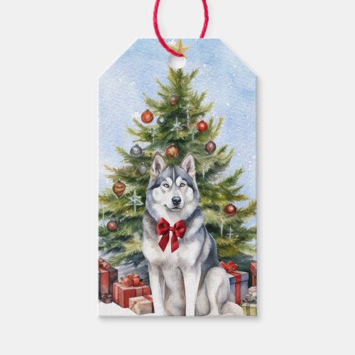 Red Bow Siberian Husky Dog Christmas Tree Gift Tags