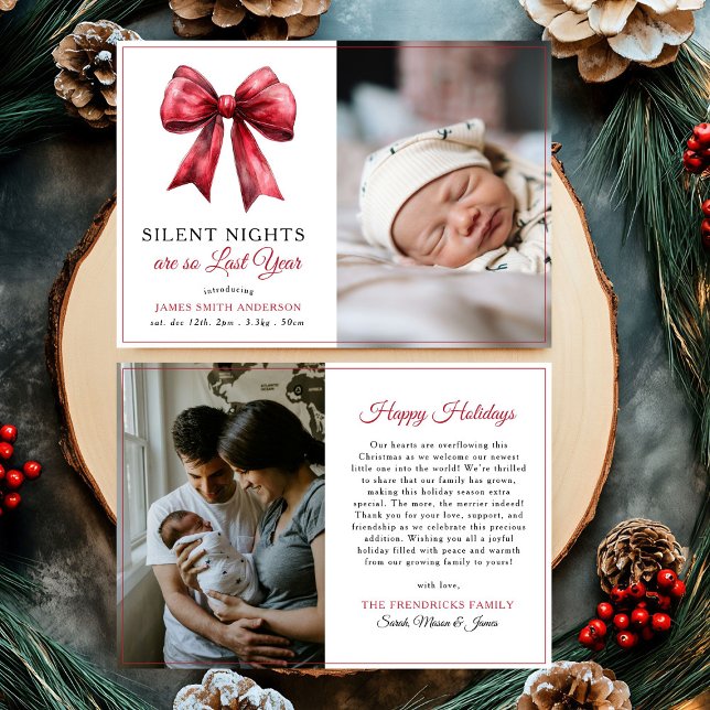 Red Bow Silent Nights Christmas Photo Baby Birth Announcement (Creator Uploaded)
