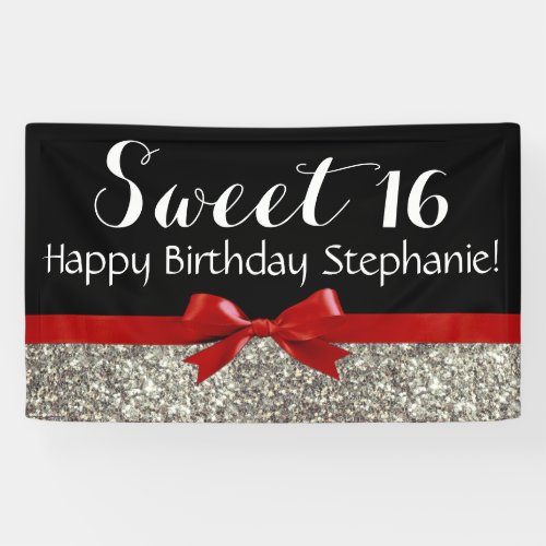 Red Bow Silver Glitter Sweet 16 Birthday Party Banner