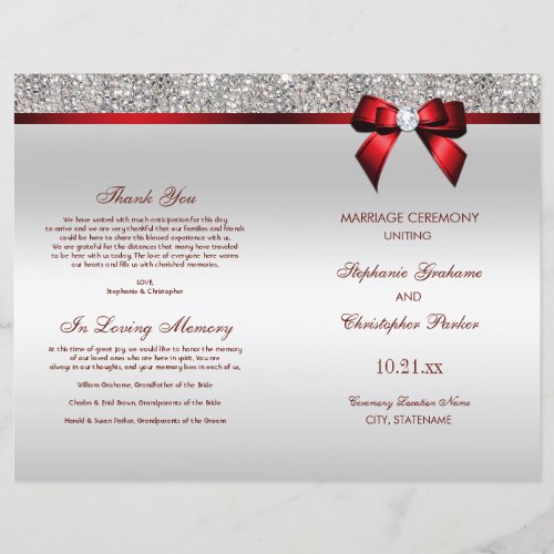 Red Bow Silver Sequins Wedding Ceremony Program
