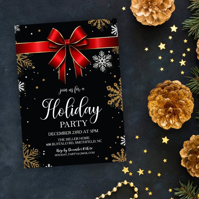 Red Bow Snowflake Christmas Holiday Party  Invitation (Creator Uploaded)