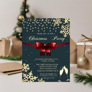 Red Bow,Snowflakes,Glasses,Black Company Christmas Invitation
