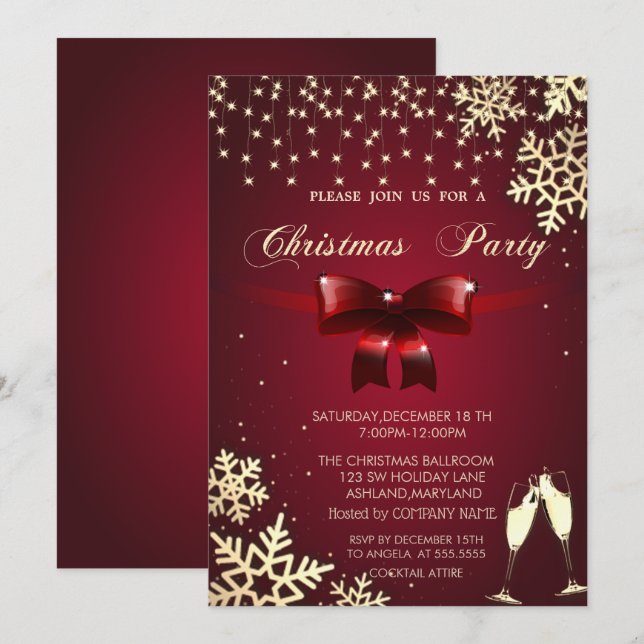 Red Bow,Snowflakes,Glasses,Company Christmas Party Invitation (Front/Back)