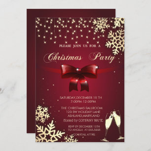 Red Bow,Snowflakes,Glasses,Company Christmas Party Invitation