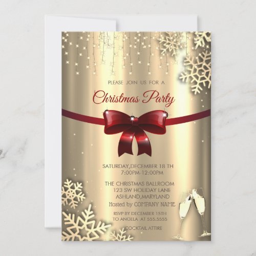 Red BowSnowflakesGlasses Gold Company Christmas Invitation