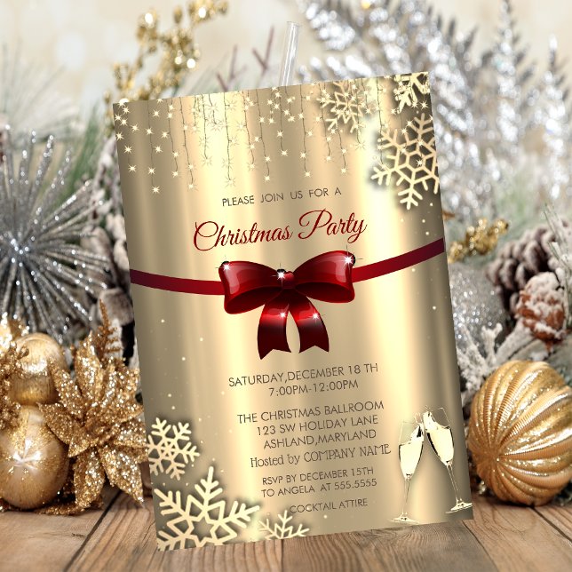 Red Bow,Snowflakes,Glasses Gold Company Christmas Invitation (Creator Uploaded)
