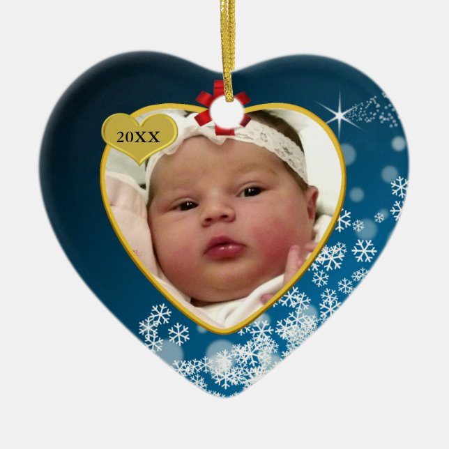 Red Bow Snowy Blue Baby's First Christmas Heart Ceramic Ornament (Front)