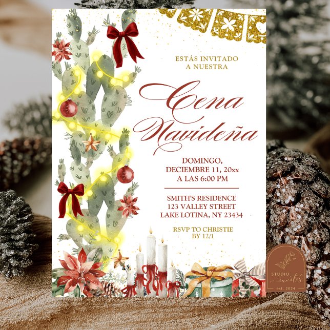 Red bow Spanish Cactus Christmas Cena de Navidad Invitation (Creator Uploaded)