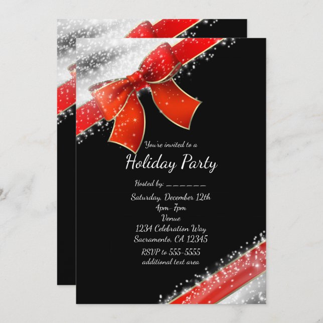 Red Bow & Sparkles Chic Black Holiday Invitations (Front/Back)