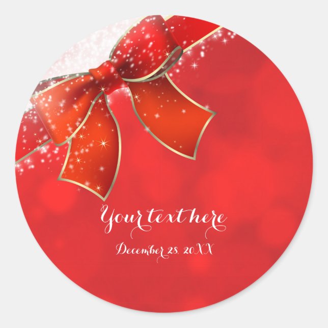 Red Bow & Sparkles Holiday Christmas Favor Classic Round Sticker (Front)