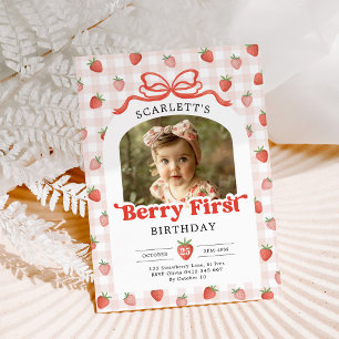 Red Bow Strawberry Berry First Birthday Photo Invitation