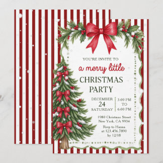 Red Bow Striped Christmas Party Invitation