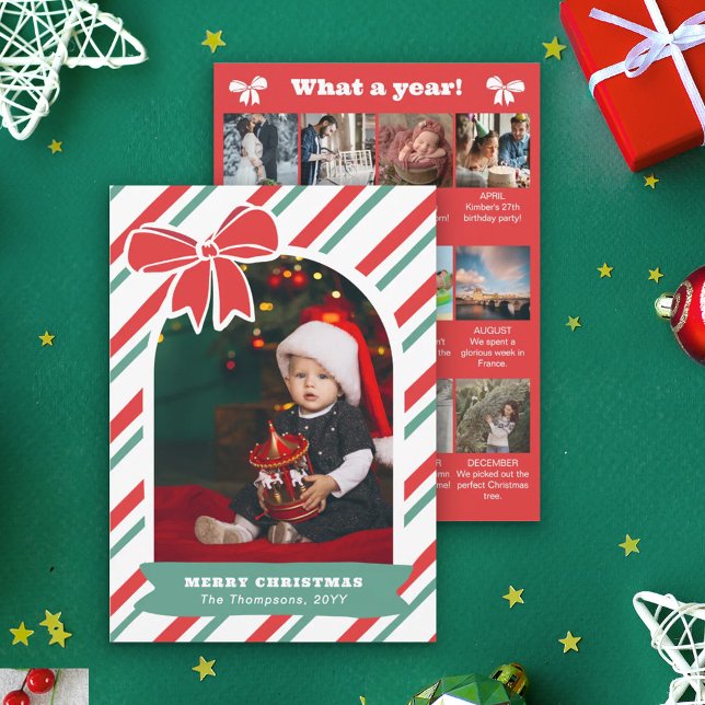 Red Bow & Stripes Year In Review Merry Christmas Holiday Card (Creator Uploaded)