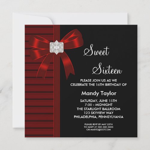Red Bow Sweet 16 Birthday Party Personalized Invite