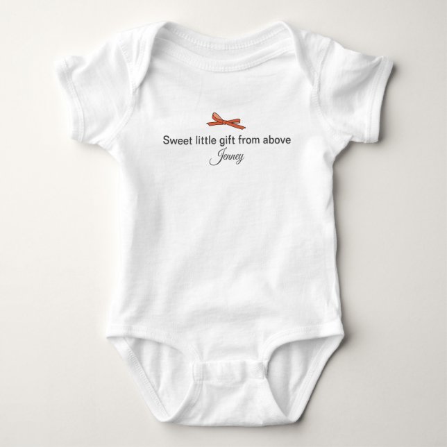 Red bow sweet little gift from above and name  baby bodysuit (Front)