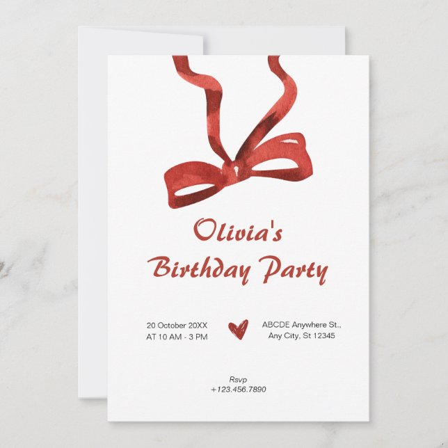 Red bow tie ribbon birthday invitation (Front)