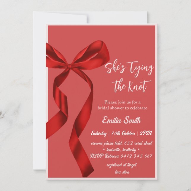 Red bow tying the knot bridal shower invitation (Front)