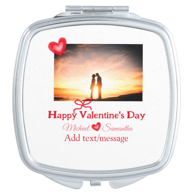 Red bow valentine's day add photo name heart love  compact mirror (Front)