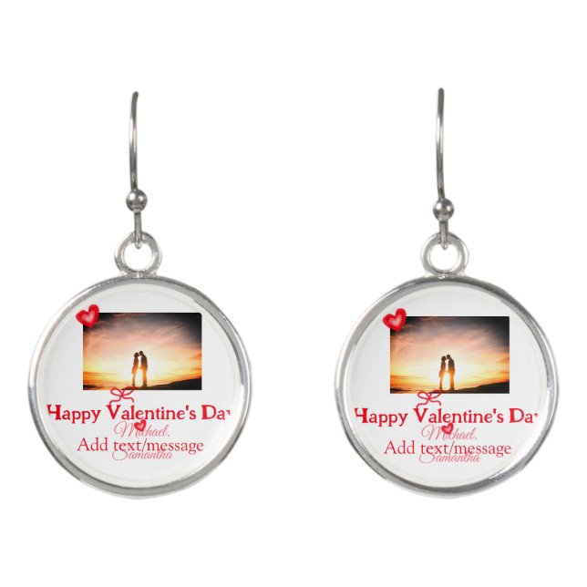 Red bow valentine's day add photo name heart love  earrings (Front)