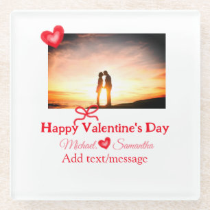 Red bow valentine's day add photo name heart love glass coaster