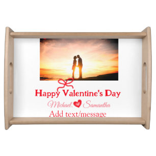 Red bow valentine's day add photo name heart love serving tray