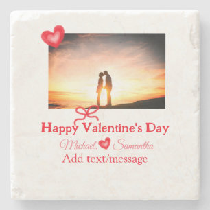 Red bow valentine's day add photo name heart love stone coaster