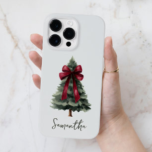 Red Bow Watercolor Christmas Tree Script Name Case-Mate iPhone 14 Pro Max Case