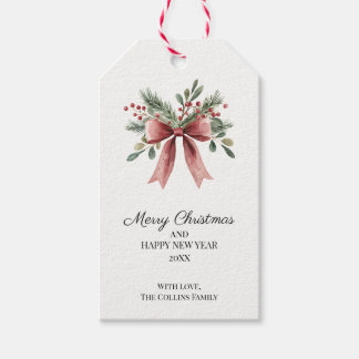 Red Bow Watercolor Green Holly Berries Christmas Gift Tags