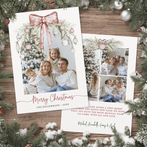 Red Bow Watercolor Greenery Photo Christmas Holiday Card