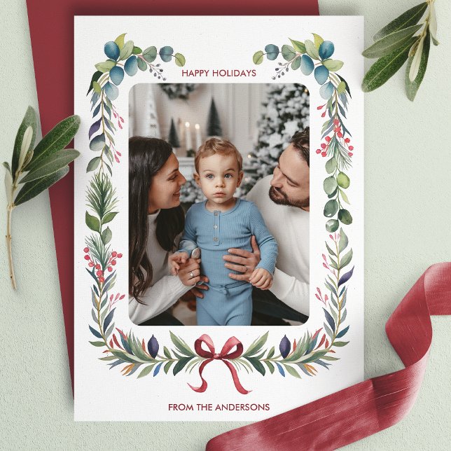 Red Bow Watercolor Wreath Christmas Photo Holiday Card (Creator Uploaded)