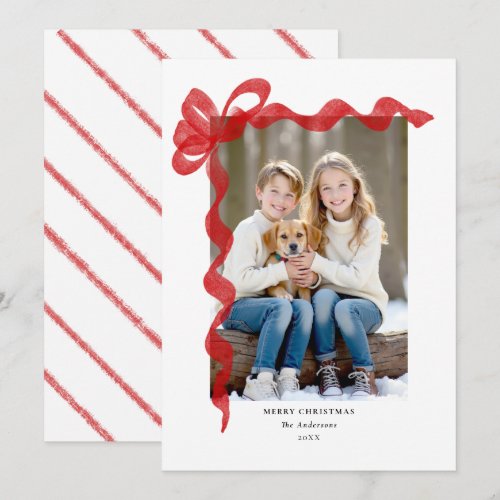 Red Bow Wavy Hand Drawn Bold Chic Photo Christmas Holiday Card