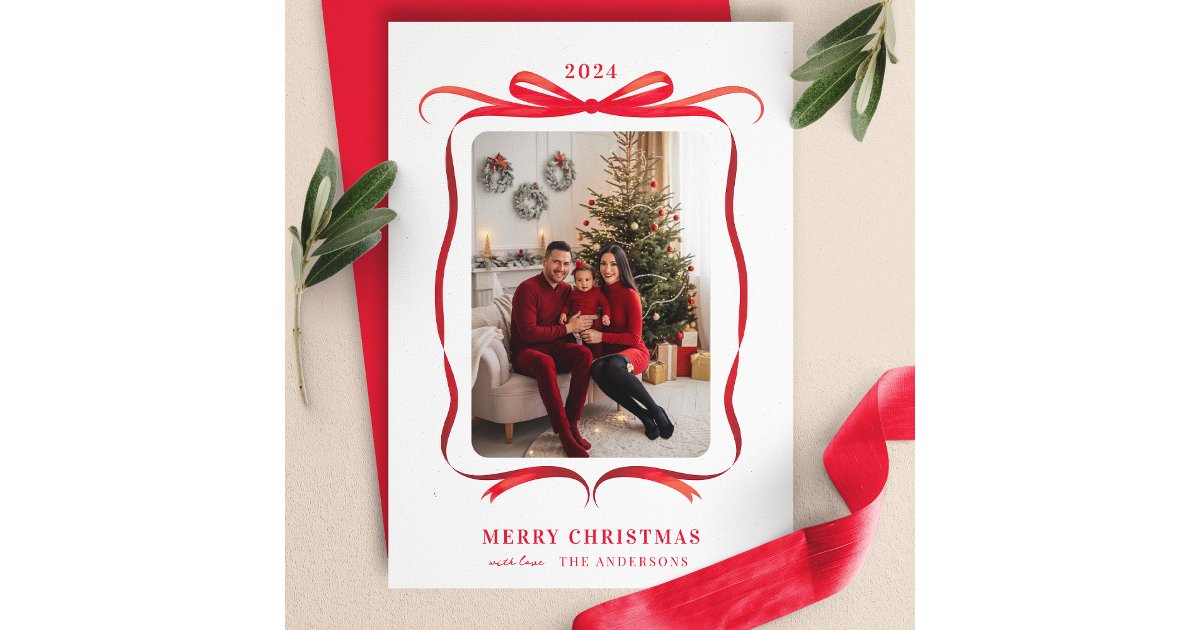 Red Bow Wavy Ribbon Frame Merry Christmas Photo Holiday Card | Zazzle